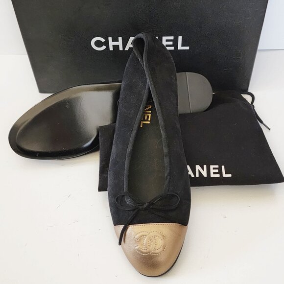 CHANEL Black Suede & Gold Cap Toe Ballet Flats - Size EU 37; Style # AG02819 - Picture 3 of 15